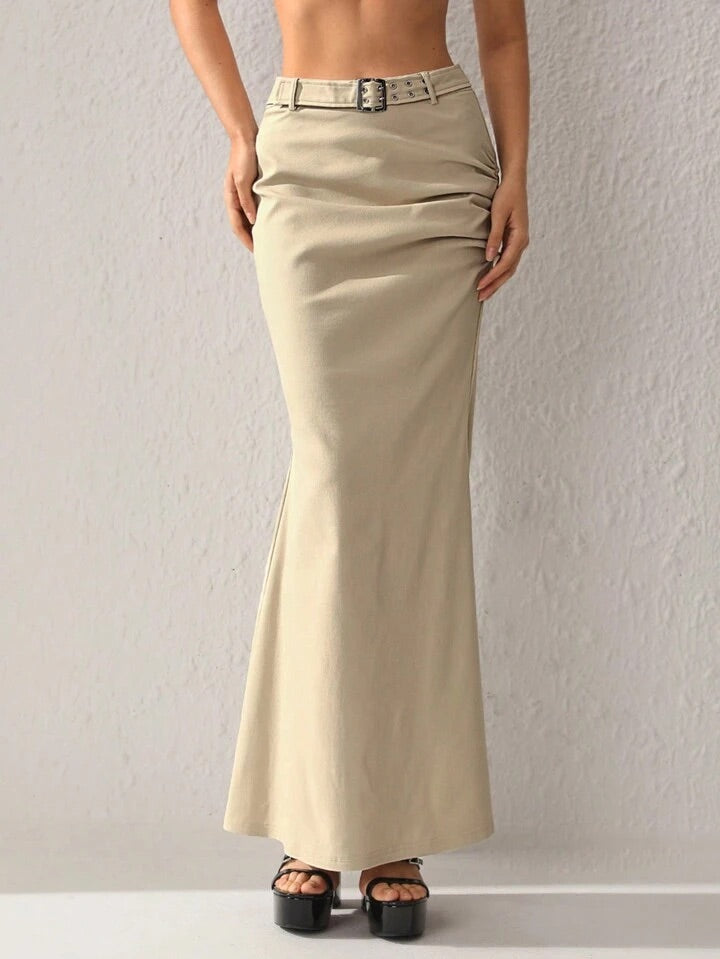 CM-BS726622 Women Elegant Seoul Style Solid Color Long Skirt With Belt - Khaki