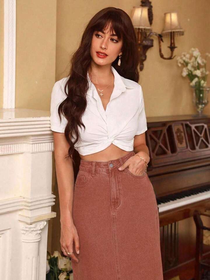 CM-BS539705 Women Elegant Seoul Style High Waisted Pocketed Frayed Hem Denim Skirt - Coffee Brown
