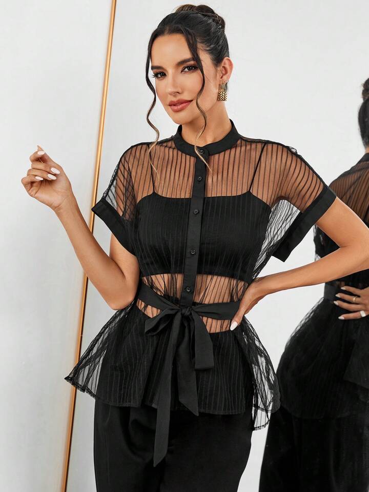 CM-TS823772 Women Casual Seoul Style Striped Mesh Batwing Short Sleeve Shirt - Black