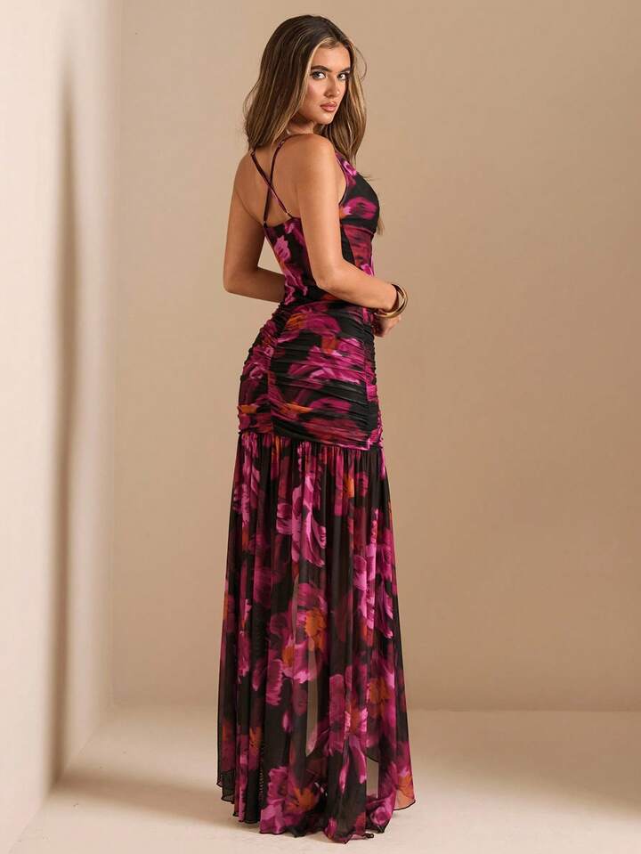 CM-DS809380 Women Trendy Bohemian Style Deep Draped Neck High Slit Floral Print Fitted Mesh Dress - Dark Pink