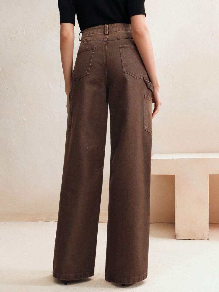 CM-BS448646 Women Casual Seoul Style Zipper Fly Loose Straight Leg Jeans - Coffee Brown