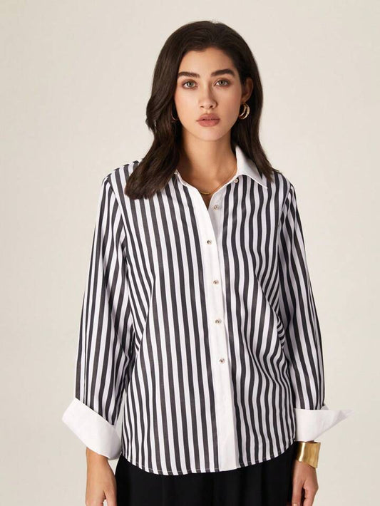 CM-TS922180 Women Elegant Seoul Style Striped Shirt Collar Long Sleeve Loose Blouse