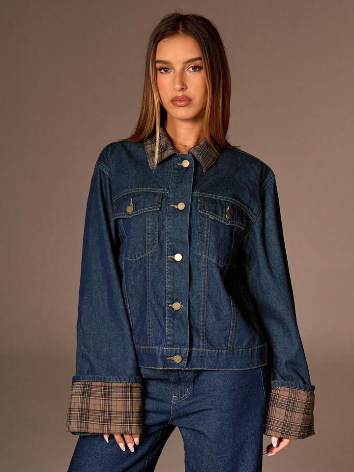 CM-CS199554 Women Elegant Seoul Style Dark Wash Collar Neckline Single Breatsed Long Sleeve Denim Jacket