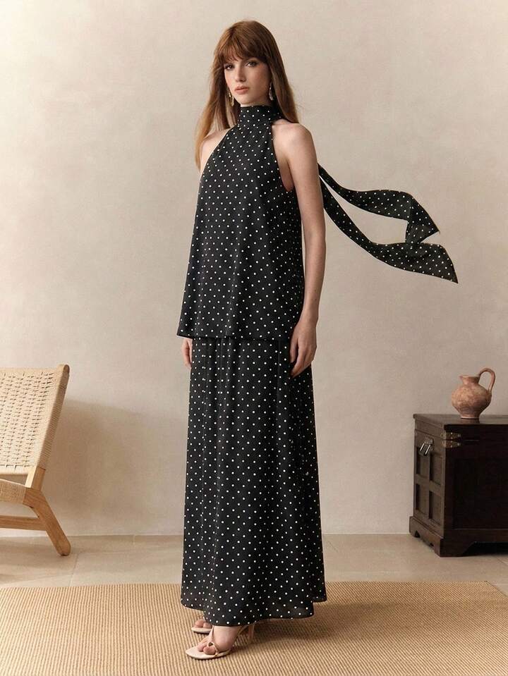 CM-BS501944 Women Trendy Bohemian Style Chiffon Polka Dot Print Sleeveless Halter Neck Top With Skirt - Set