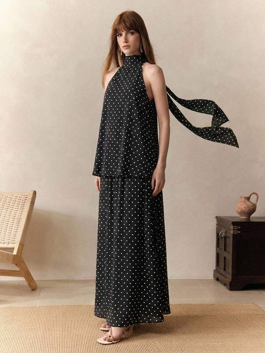 CM-BS501944 Women Trendy Bohemian Style Chiffon Polka Dot Print Sleeveless Halter Neck Top With Skirt - Set