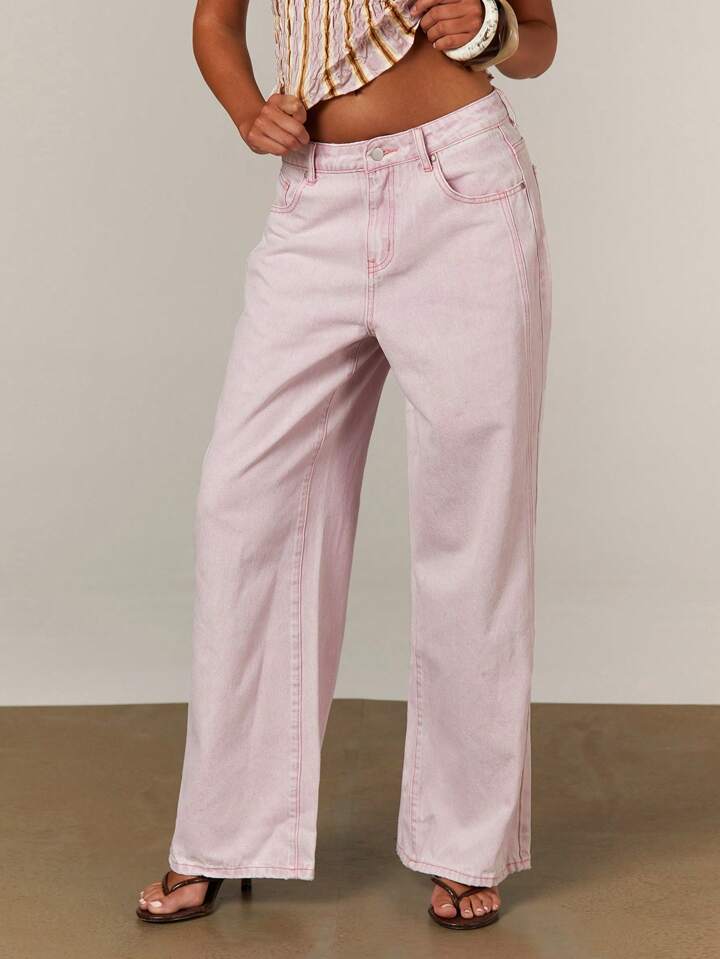 CM-BS023394 Women Casual Seoul Style Mid Waist Extra Long Loose Straight Leg Jeans - Pink