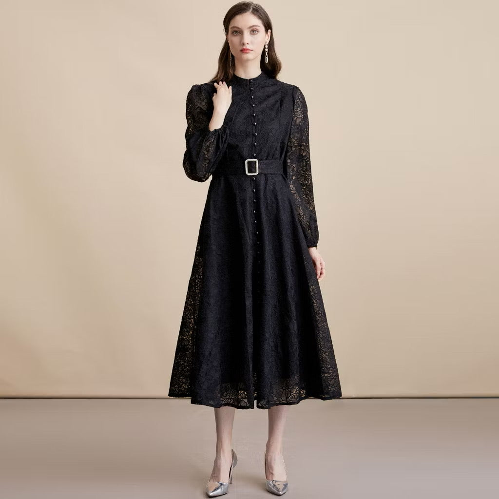 CM-DY054194 Women Elegant European Style Lace Embroidery Stand Collar Long Sleeve Belted MIdi Dress - Black