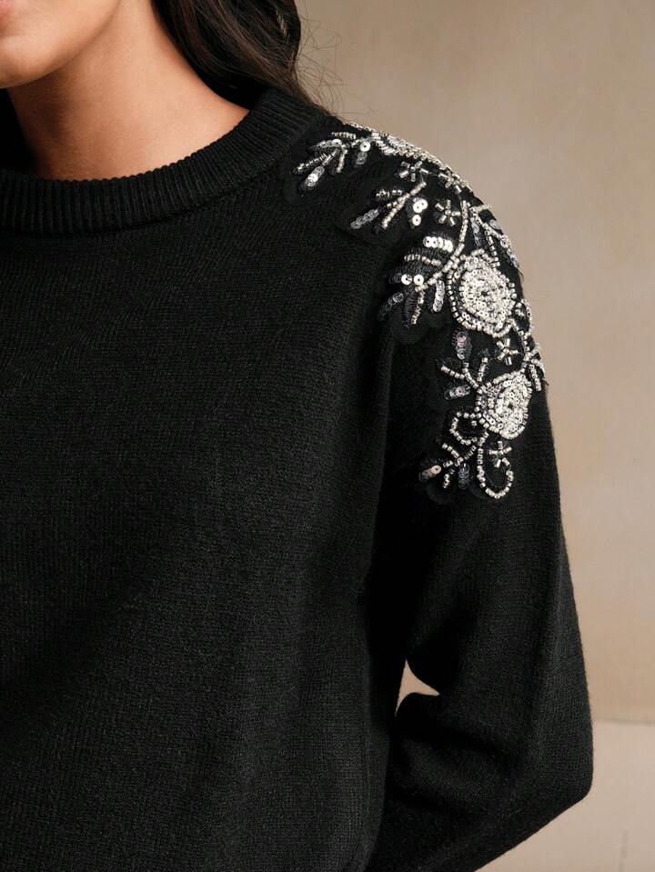 CM-CS888830 Women Casual Seoul Style Diamond Embellished Crew Neck Long Sleeve Sweater - Black