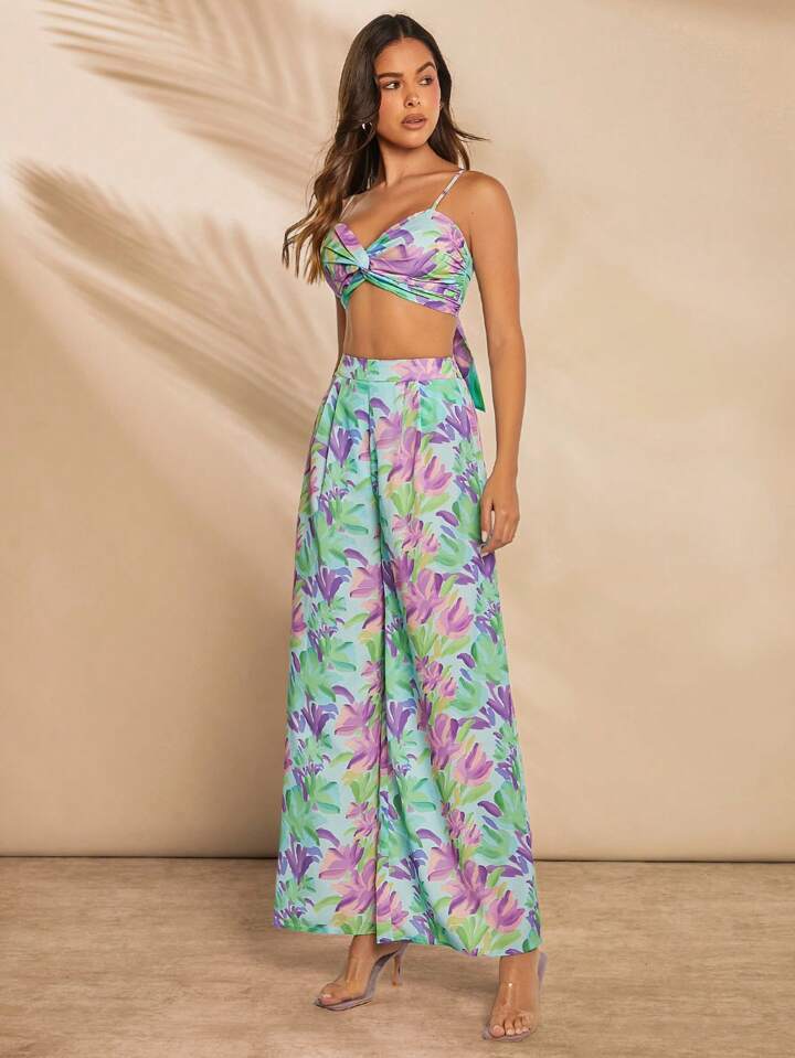 CM-BS166939 Women Trendy Bohemian Style Floral Print Pleated Wide Leg Pants - Blue