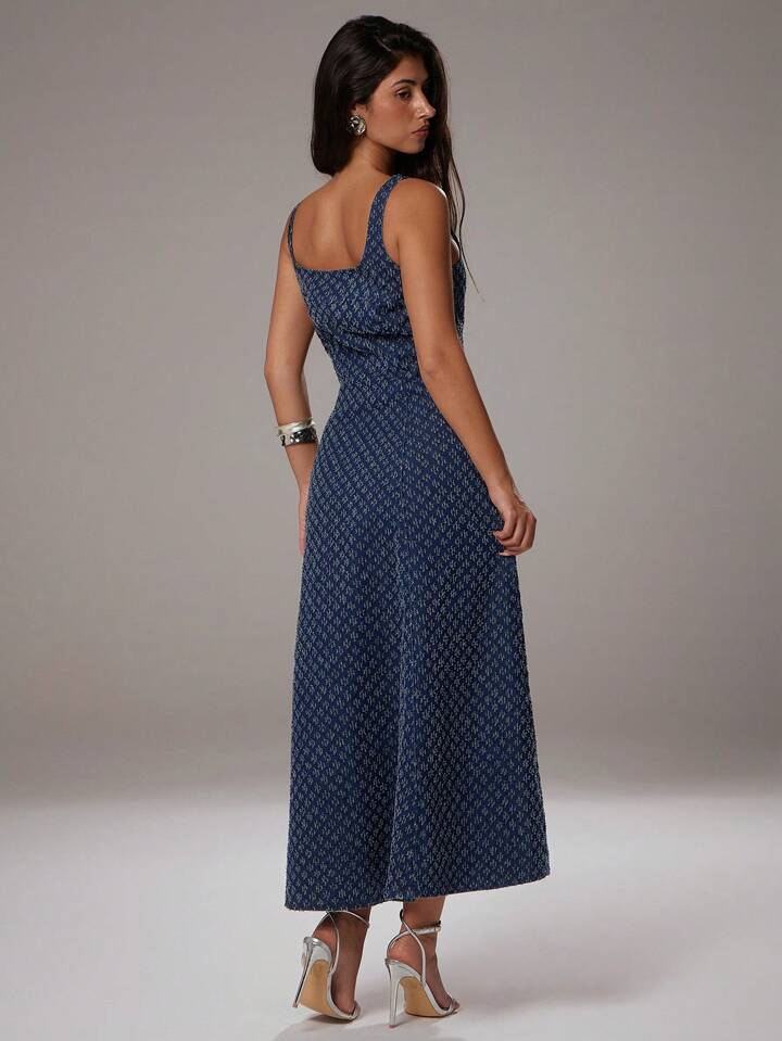 CM-DS096940 Women Elegant Seoul Style Medium Wash Square Neck Sleeveless Jacquard Denim Dress