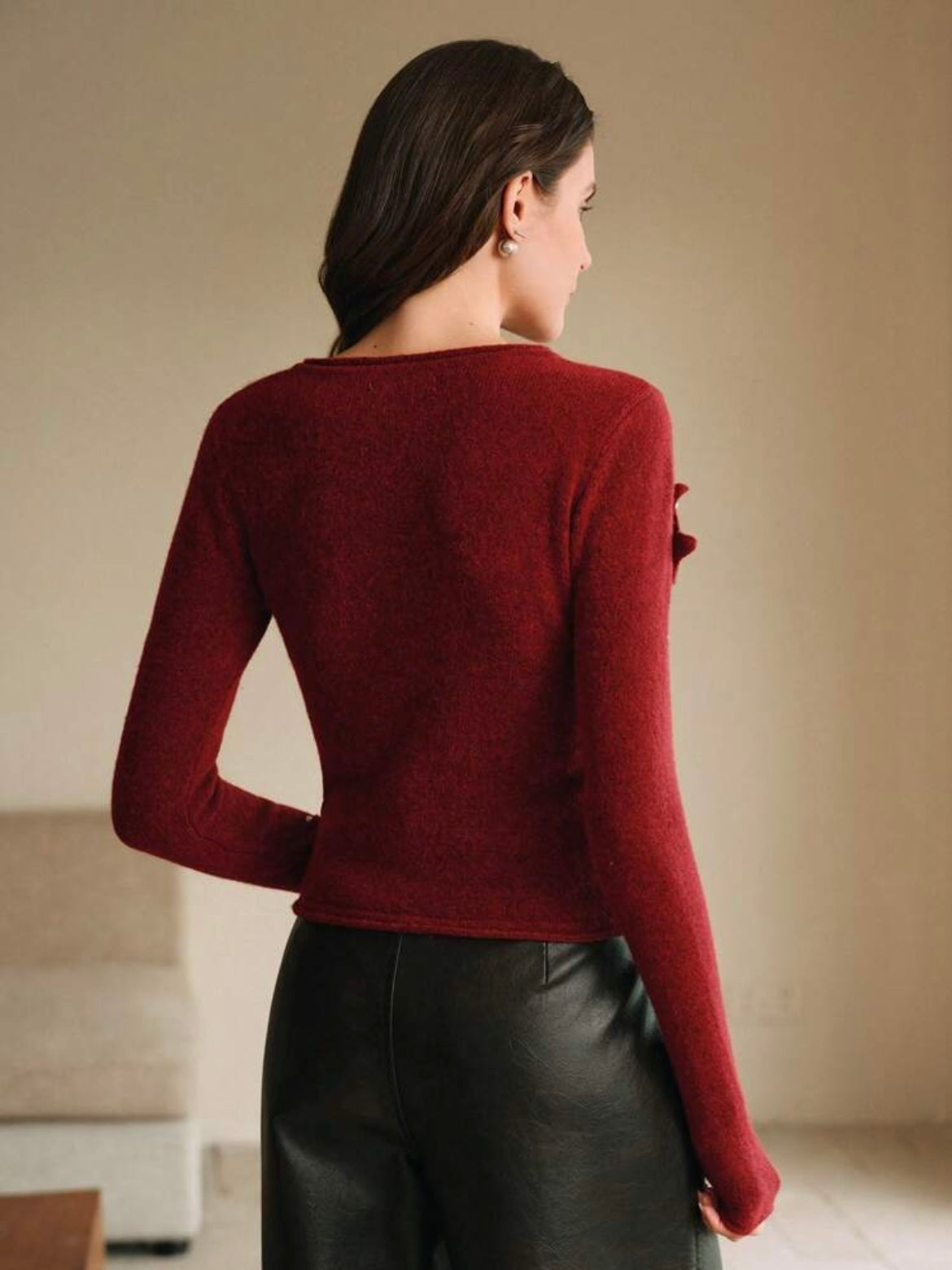 CM-CS786989 Women Casual Seoul Style Crochet Beaded Crew Neck Layer T-Shirt - Red