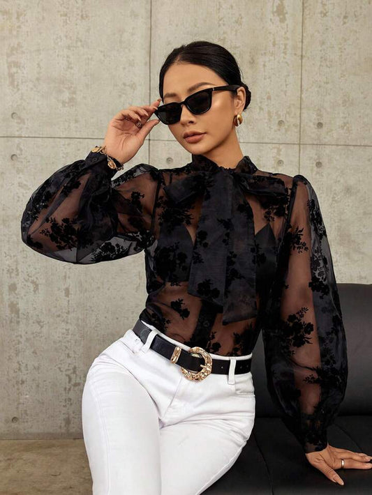 CM-TS286573 Women Trendy Bohemian Style Velvet Tie Neck Long Sleeve Shirt - Black