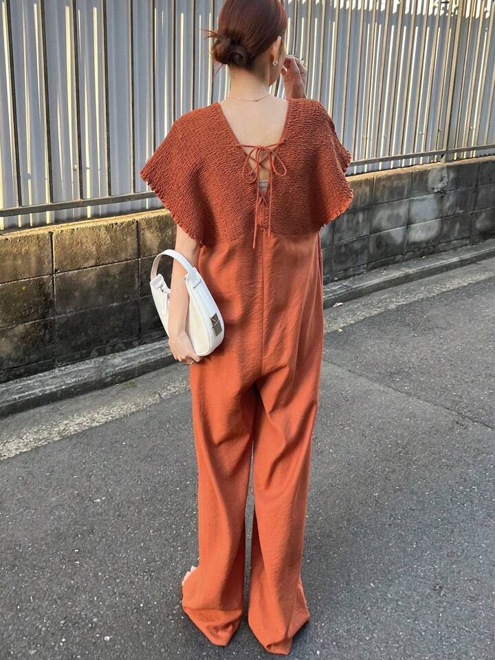 CM-JS607700 Women Trendy Bohemian Style V-Neck With Drawstring Jumpsuit Trousers - Orange