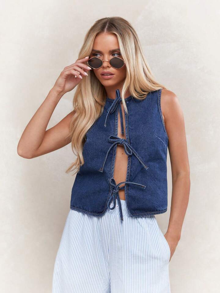 CM-TS990542 Women Casual Seoul Style Tie Detail Open Front Sleeveless Denim Top - Blue