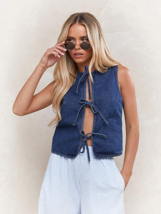CM-TS990542 Women Casual Seoul Style Tie Detail Open Front Sleeveless Denim Top - Blue