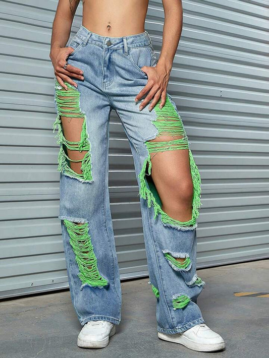 CM-BS802277 Women Casual Seoul Style Contrast Slant Pocket Distressed Ripped Cut Out Straight Leg Pants