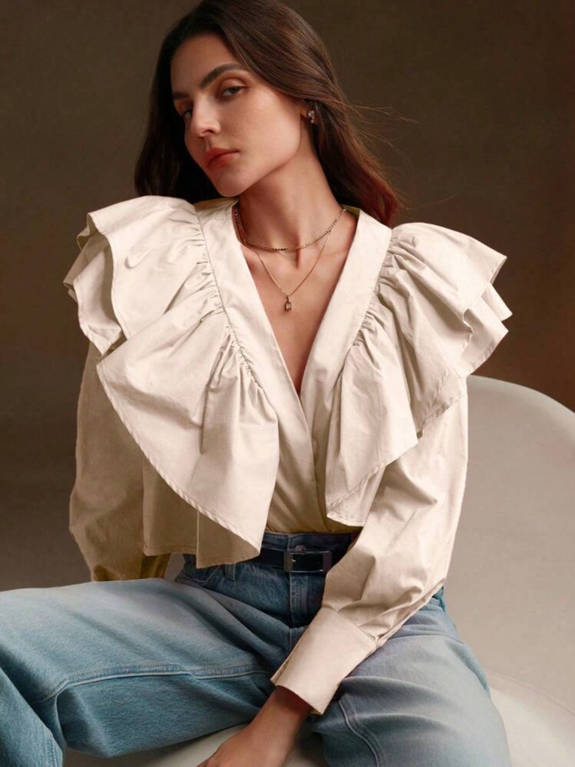CM-TS770671 Women Elegant Seoul Style Exaggerated Ruffle V-Neck Long Sleeve Blouse - Khaki