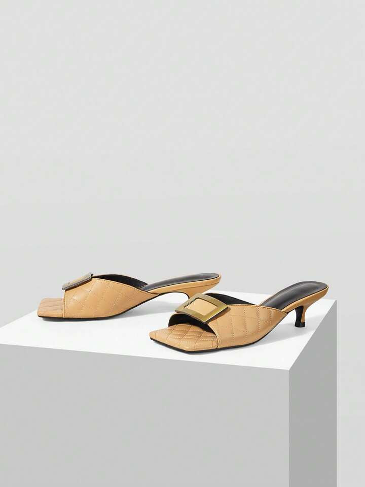 CM-SHS064130 Women Trendy Seoul Style Colorblock Square Toe High Heel Sandals - Khaki