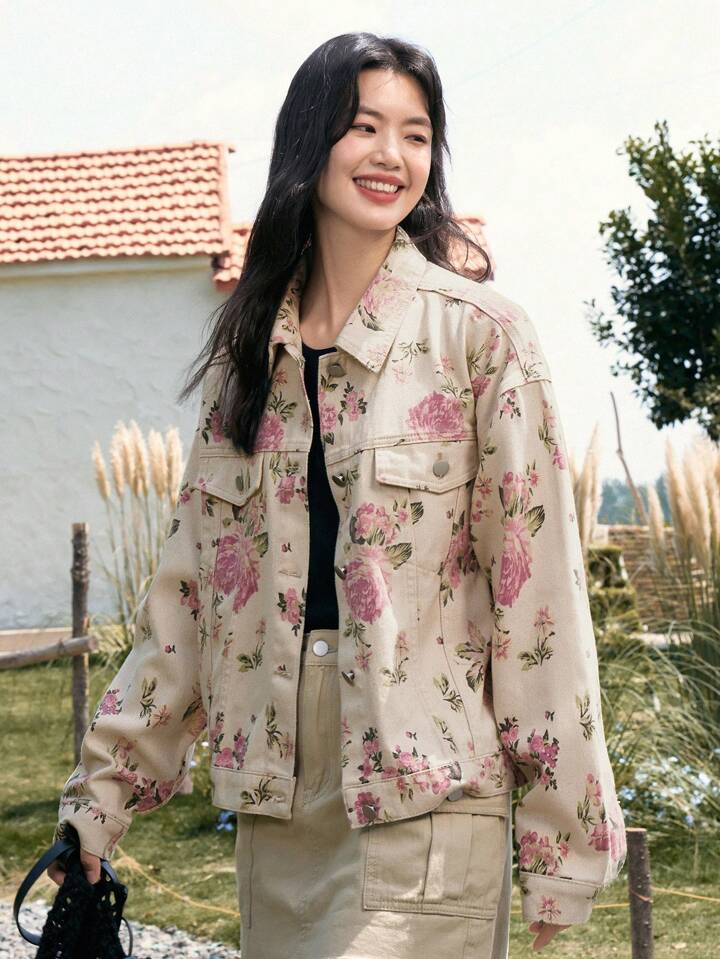CM-CS898813 Women Casual Seoul Style Floral Print Drop Shoulder Flap Pocket Denim Jacket - Apricot