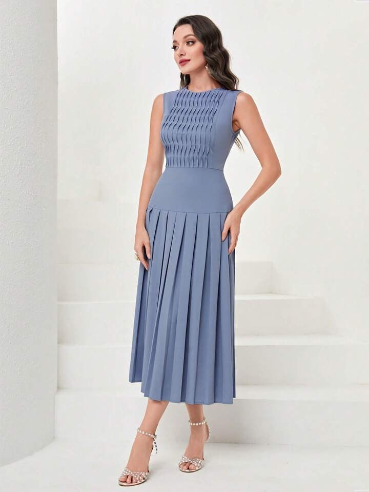 CM-DS777891 Women Elegant Seoul Style Sleeveless Solid Pleated Hem Dress - Dusty Blue