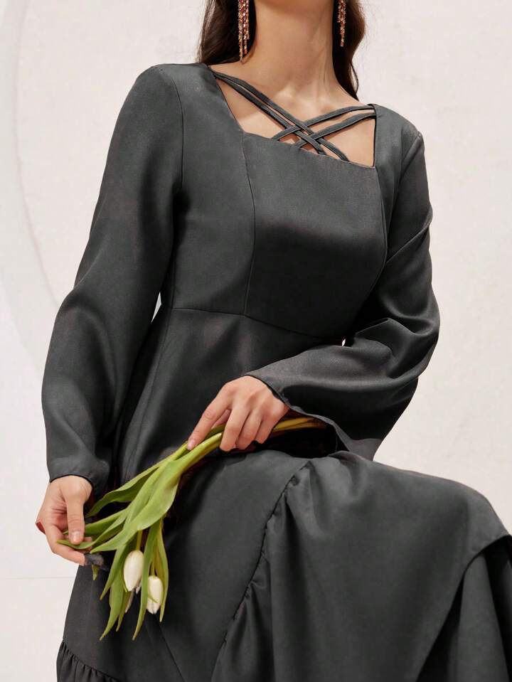 CM-DS166556 Women Elegant Seoul Style V-Neck Bell Sleeve Ruffle Hem A-Line Dress - Black