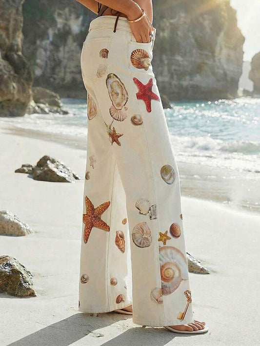 CM-BS225395 Women Casual Seoul Style Ocean Shell Starfish Conch Pearl Print Low Waist Loose Denim Jeans