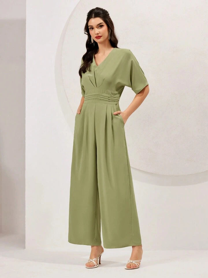CM-JS376958 Women Casual Seoul Style V-Neck Batwing Short Sleeve Jumpsuit - Green