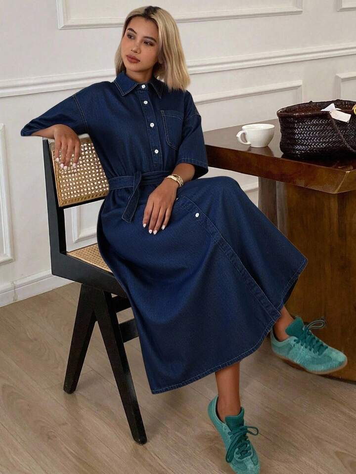 CM-DS384292 Women Casual Seoul Style Dark Wash Collar Neckline Short Sleeve Front Button Oversized Denim Dress