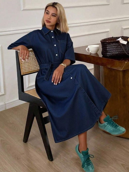 CM-DS384292 Women Casual Seoul Style Dark Wash Collar Neckline Short Sleeve Front Button Oversized Denim Dress