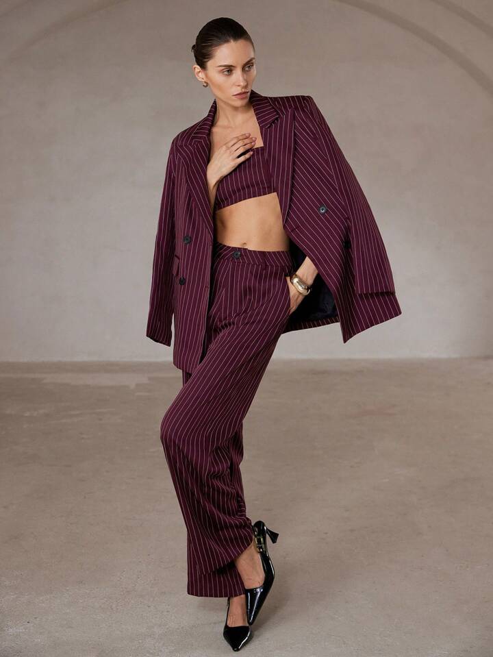 CM-SS233695 Women Elegant Seoul Stripe Print Double Button Long Sleeve Jacket And Pants Suit With Inner Cami - Set