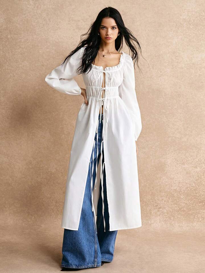 CM-TS147828 Women Casual Seoul Style Lace Up Bowknot Front Lantern Sleeve Long Shirt - White