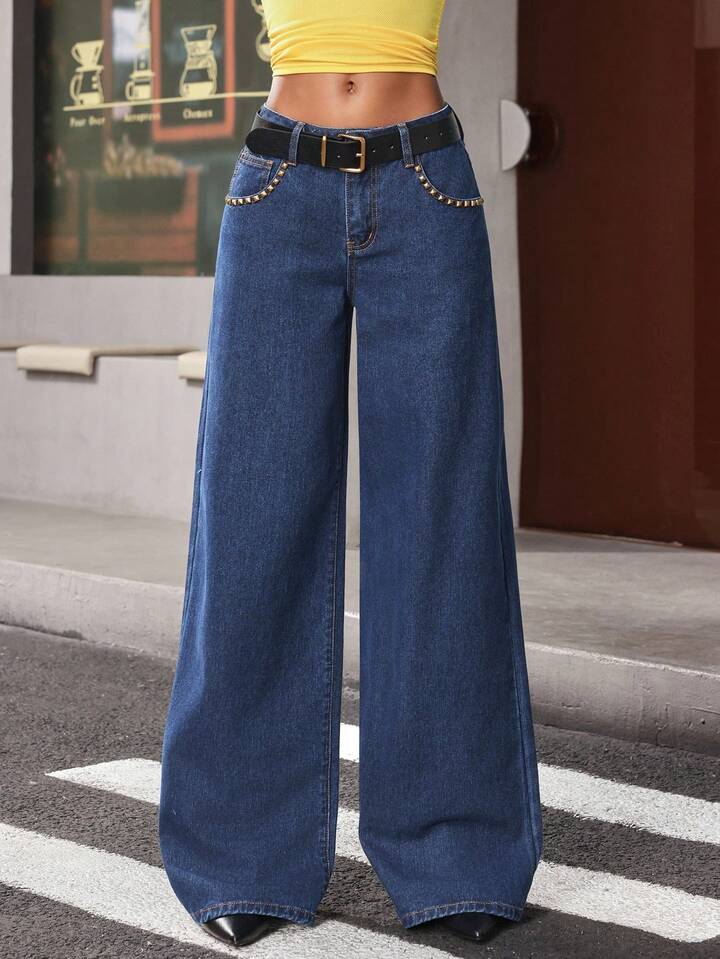 CM-BS311010 Women Casual Seoul Style Rivet Decor Black Leather Belt Low Waist Wide Leg Jeans - Blue