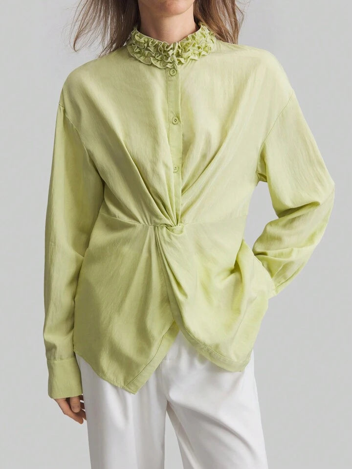 CM-TS540434 Women Elegant Seoul Style Stand Collar Drop Shoulder Long Sleeve Asymmetrical Shirt - Green