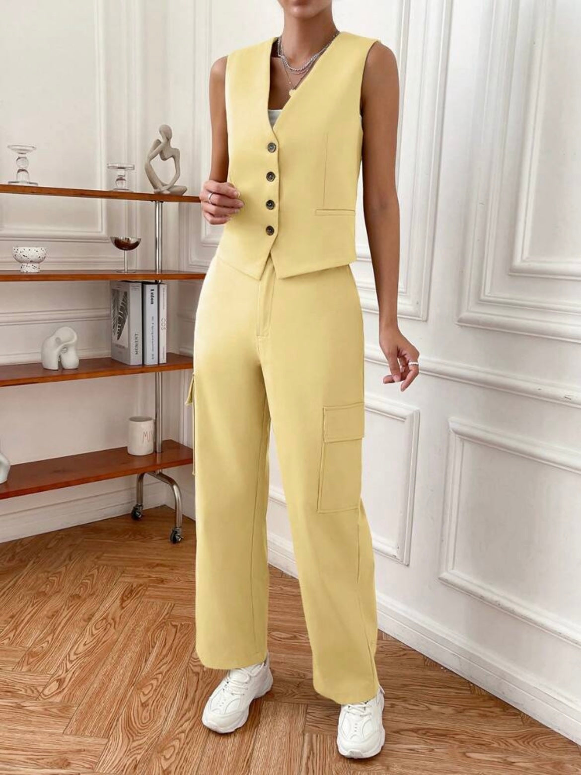 CM-SS796920 Women Elegant Seoul Style V-Neck Sleeveless Vest With Pocket Design Pants - Yellow