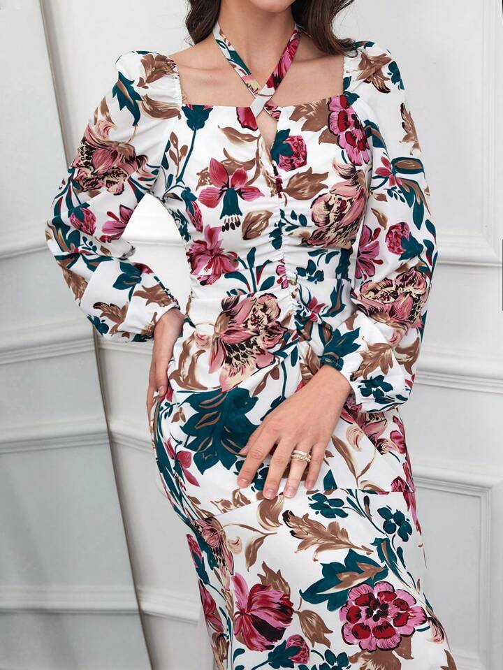 CM-DS944725 Women Casual Seoul Style Printed Halter Neck Long Sleeve Dress