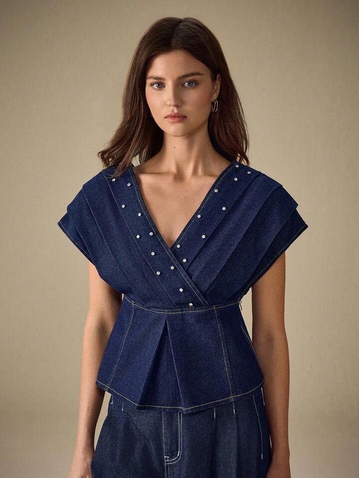 CM-TS983839 Women Casual Seoul Style Dark Wash Deep V-Neck Kimono Sleeve Denim Blouse