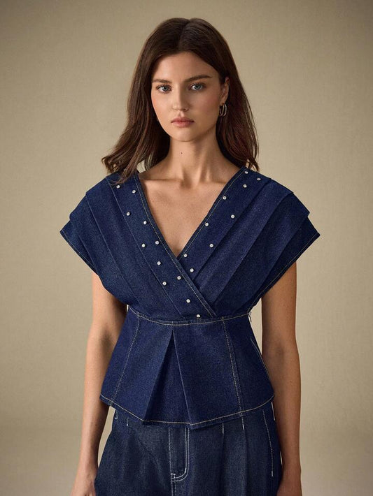 CM-TS983839 Women Casual Seoul Style Dark Wash Deep V-Neck Kimono Sleeve Denim Blouse