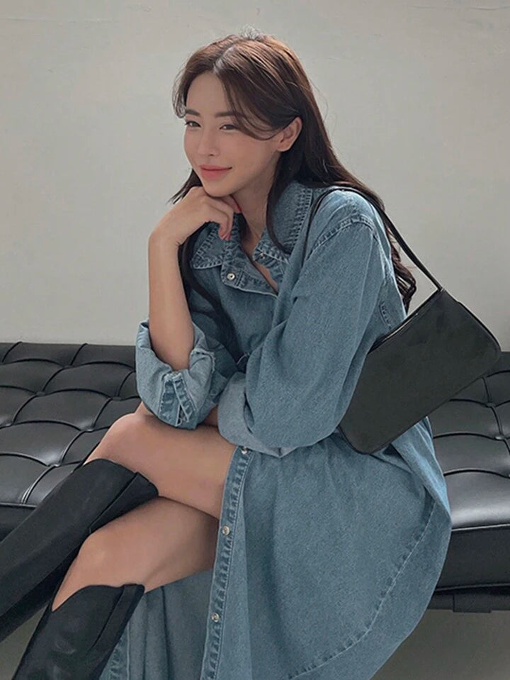 CM-DS093431 Women Casual Seoul Style Front Button Closure Dropped Shoulder Loose Denim Dress - Blue