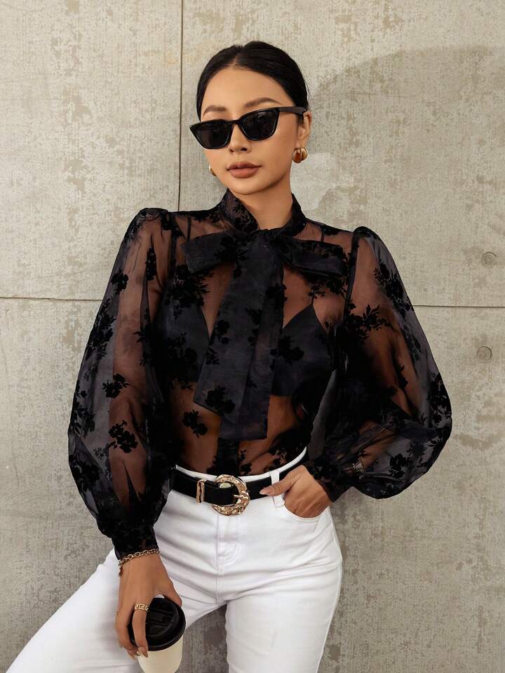 CM-TS286573 Women Trendy Bohemian Style Velvet Tie Neck Long Sleeve Shirt - Black