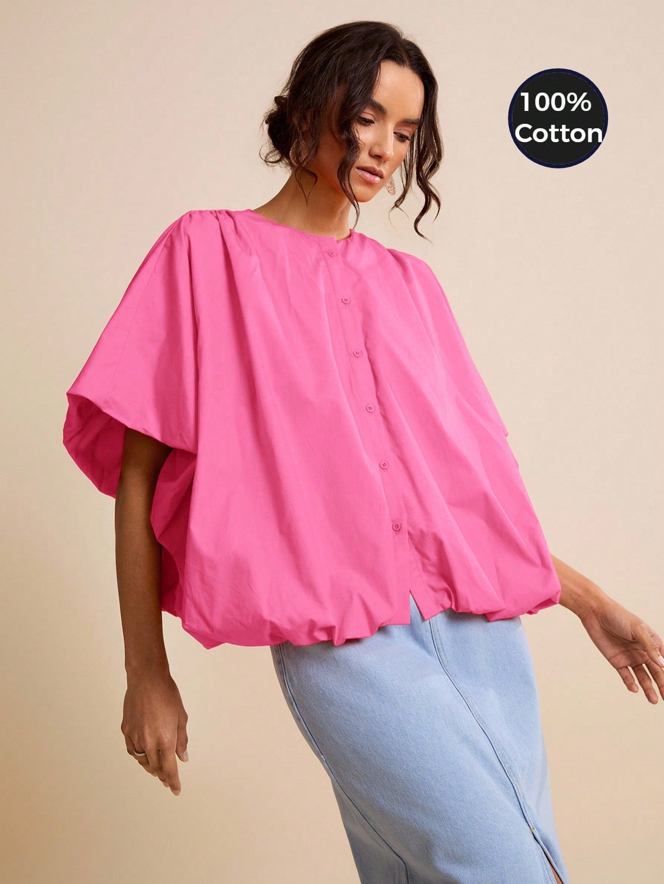 CM-TS709960 Women Casual Seoul Style Loose Cardigan Collar Batwing Sleeve Oversized Shirt - Hot Pink