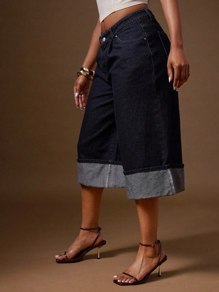 CM-BS553135 Women Casual Seoul Style Cuffed Hem Zipper Fly Wide Leg Denim Shorts - Navy Blue