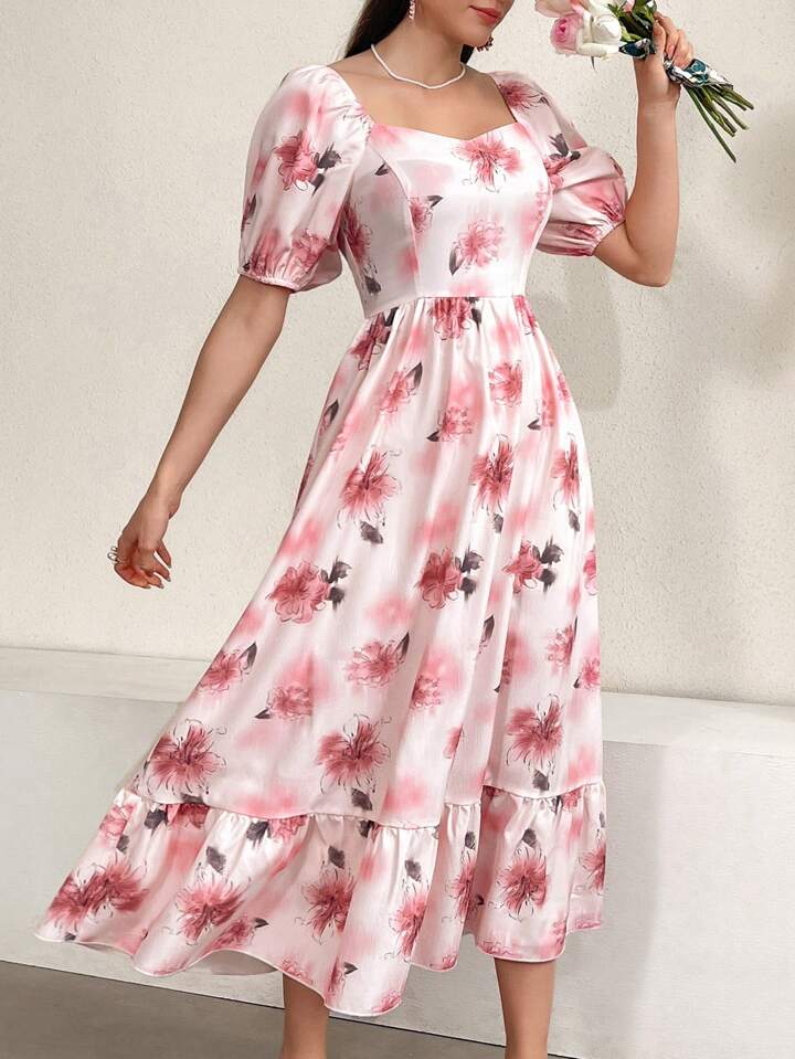 CM-DS703995 Women Casual Seoul Style Floral Print Sweetheart Neckline Ruffle Hem Dress