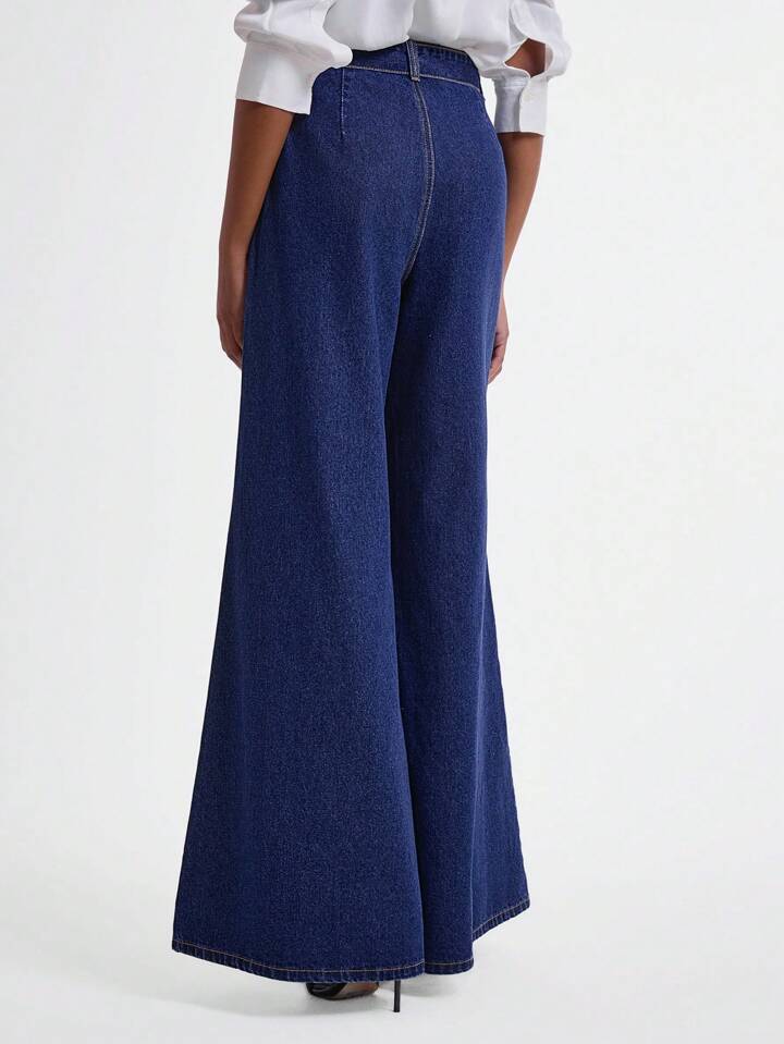 CM-BS001911 Women Casual Seoul Style Dark Wash Knotted Waist Loose Fit Bell Bottom Jeans