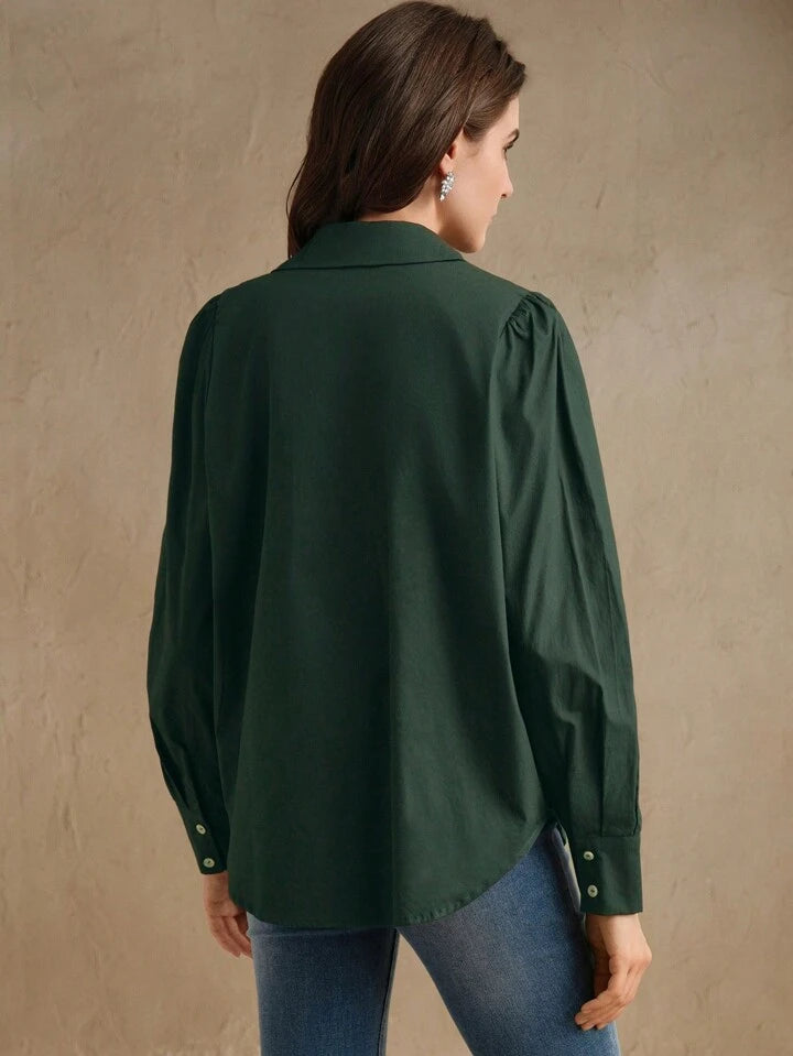 CM-TS018855 Women Elegant Seoul Style Long Sleeve Rhinestone Button Blouse - Dark Green