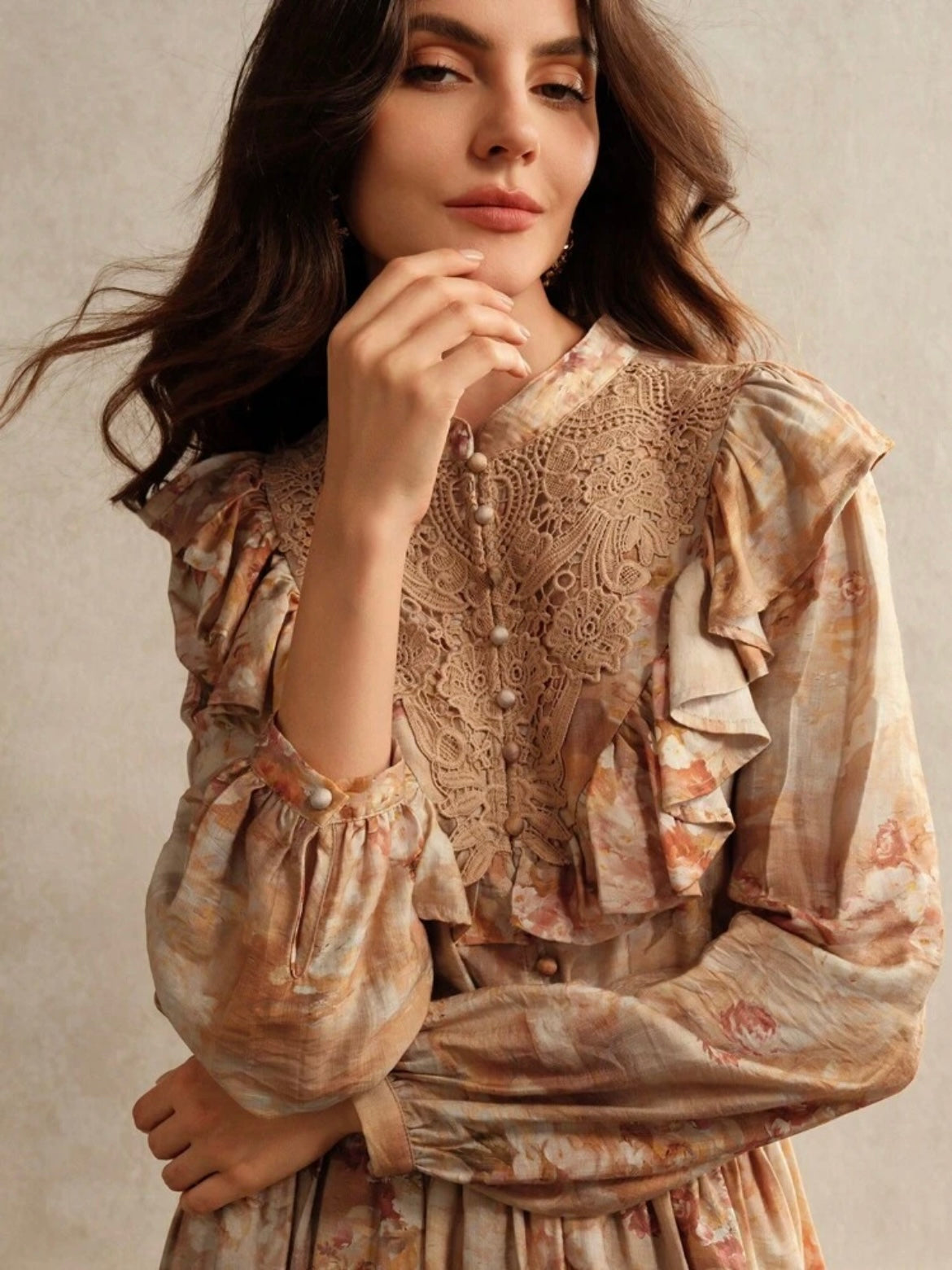 CM-TS379818 Women Elegant Seoul Style Floral Print Lace Ruffled Trim Blouse
