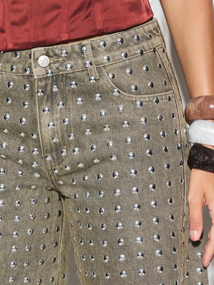 CM-BS920922 Women Casual Seoul Style High Waisted Metal Studs Wide Leg Palazzo Jeans - Khaki