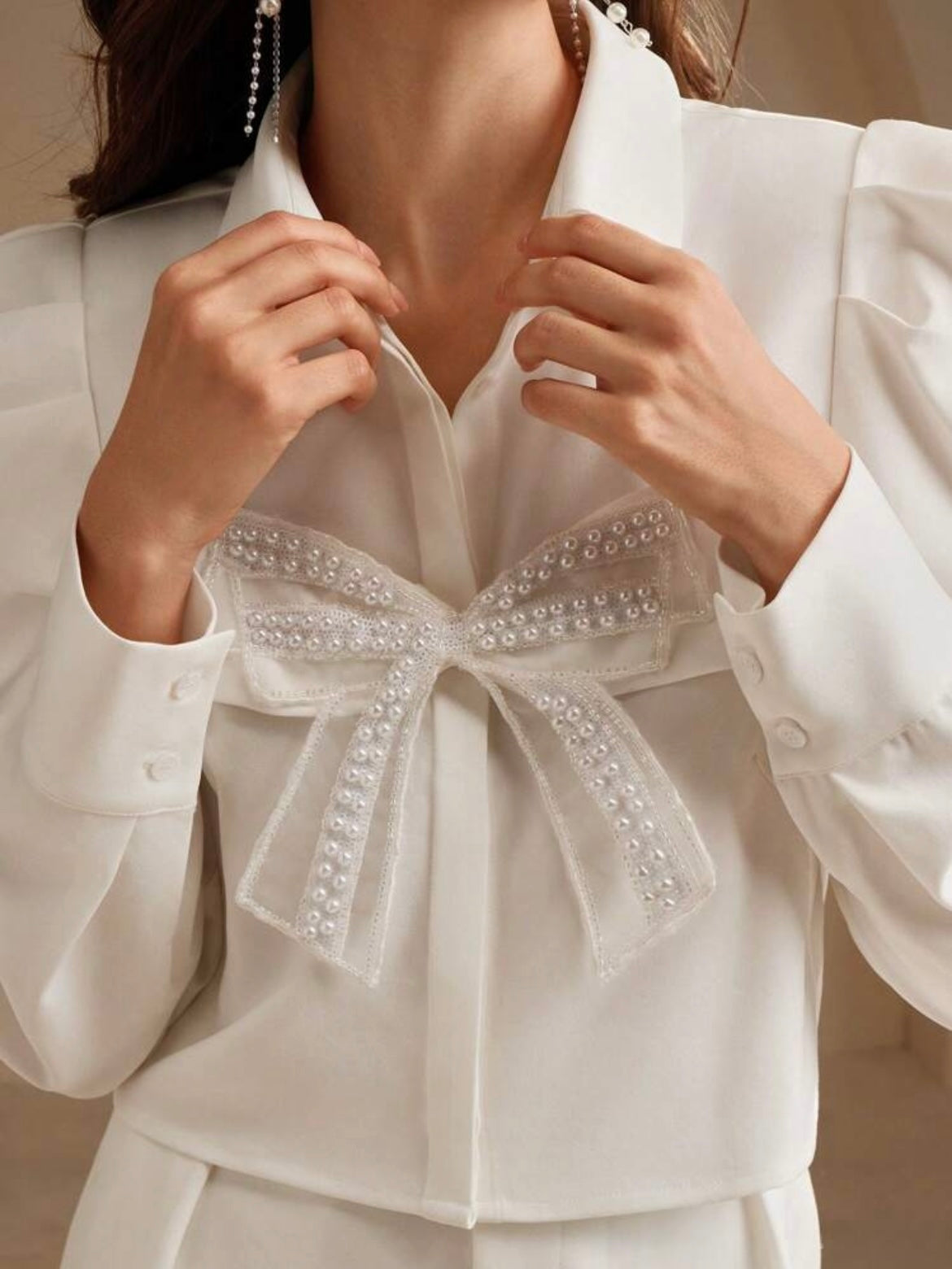 CM-TS706634 Women Elegant Seoul Style Collar Neckline Butterfly Pearl Floral Long Sleeve Blouse - White