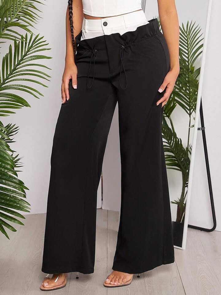 CM-BS924414 Women Casual Seoul Style Contrast Color Elastic Waist Wide Leg Pants