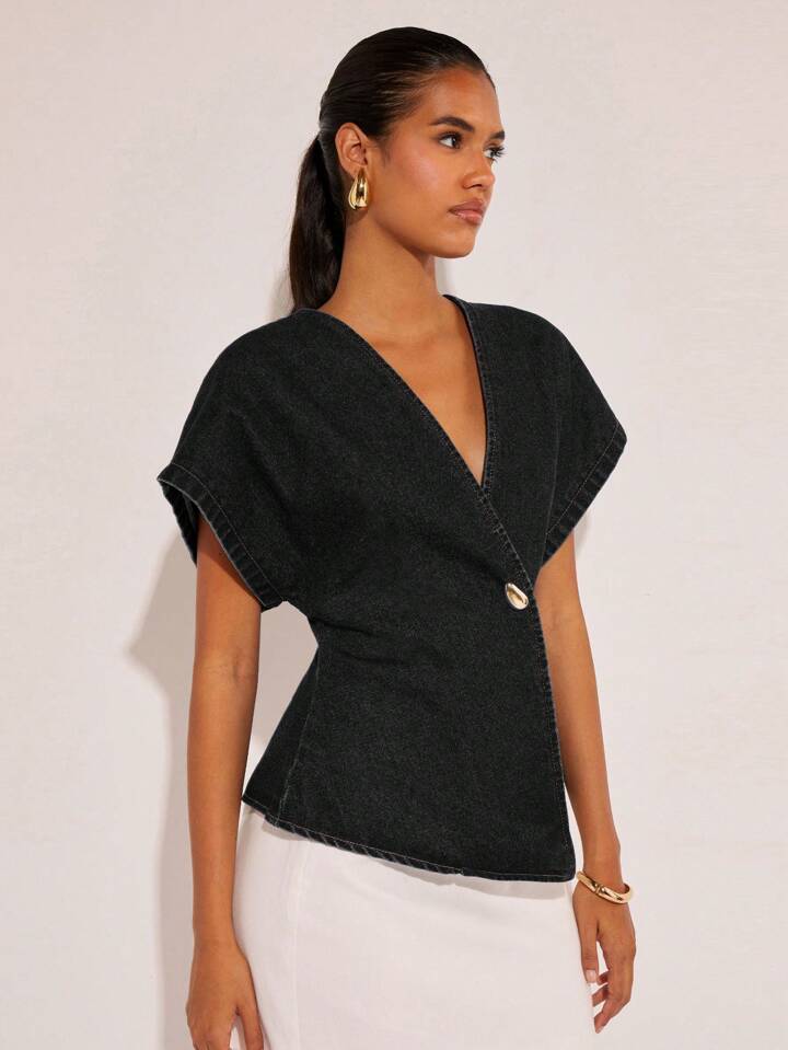 CM-TS592827 Women Casual Seoul Style Single-Button V-Neck Batwing Sleeve Denim Blouse - Black