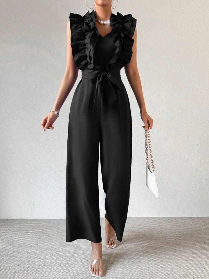 CM-JS141433 Women Elegant Seoul Style V-Neck Loose-Fitting Ruffle Trim Jumpsuit - Black